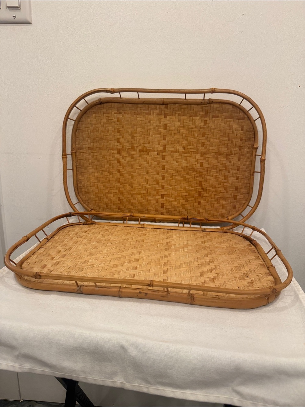 Vintage Boho Bamboo Woven Serving Trays  - Natural Tan 19” Inches Long